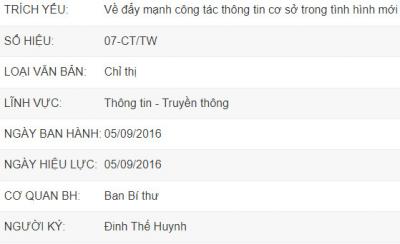 Chỉ thị số 07-CT/TW ngày 05/9/2016 của Ban Bí thư về đẩy mạnh công tác thông tin cơ sở trong tình hình mới