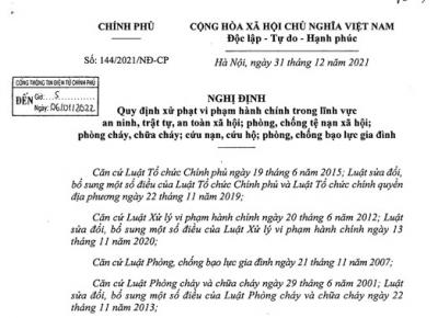 Nghị định số 144/2021/NĐ-CP thi hành từ ngày 01/01/2022